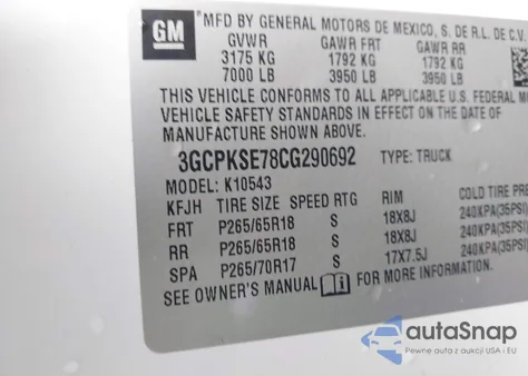 2012 Chevrolet Silverado 1500 Lt z USA, uszkodzony, nr VIN 3GCPKSE78CG290692